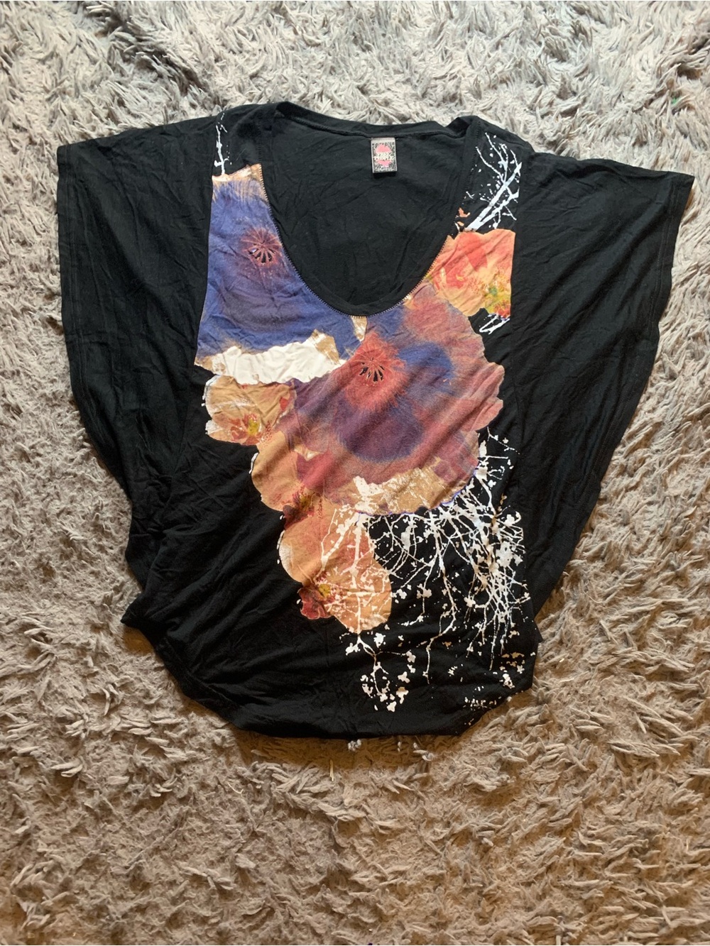 Vintage Y2K Free People black floral cinched back batwing dolman top sz M